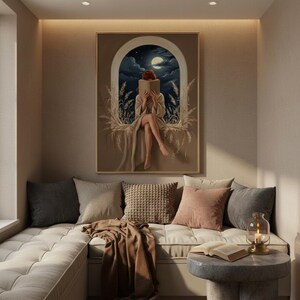 Moonlit reading wall art framed in a contained reading nook above a cushioned bench with cushions and a throw