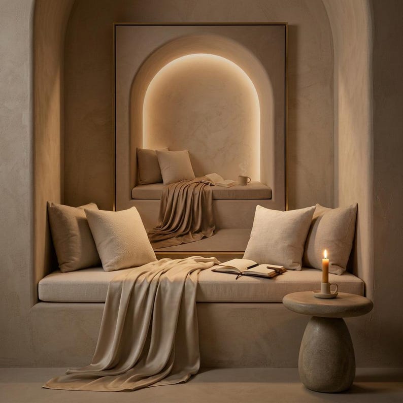 Neutral reading nook wall art in a thin gold frame above a cushioned bench, soft plaster arch, warm beige tones, no mat.