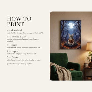 How to print card: download and unzip, choose the ratio that fits your frame, print at home or at a print shop, and framing and paper tips.