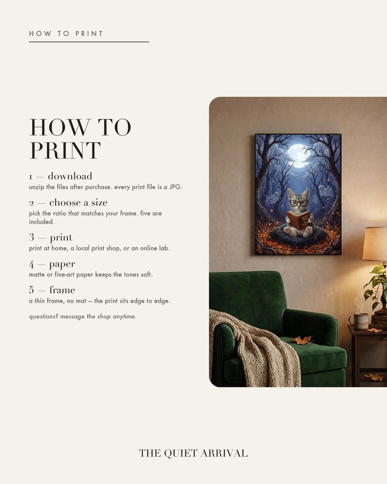 How to print card: download and unzip, choose the ratio that fits your frame, print at home or at a print shop, and framing and paper tips.