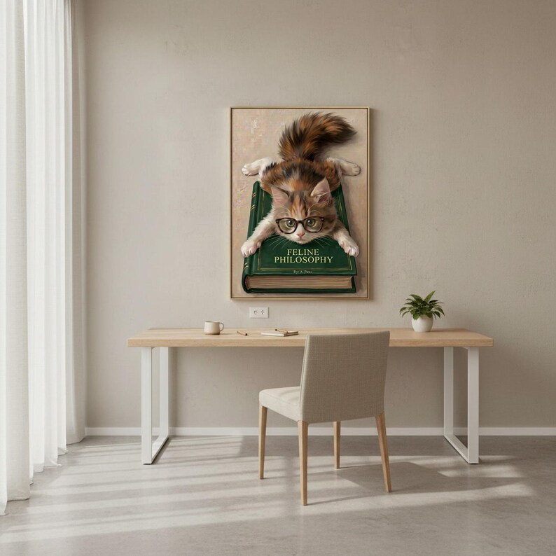 Kitten in glasses wall art framed above a restrained workspace with pale walls and a natural wood desk