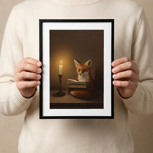 A person in a cream sweater holding a black-framed print of a fox in wire-rimmed glasses reading by candlelight