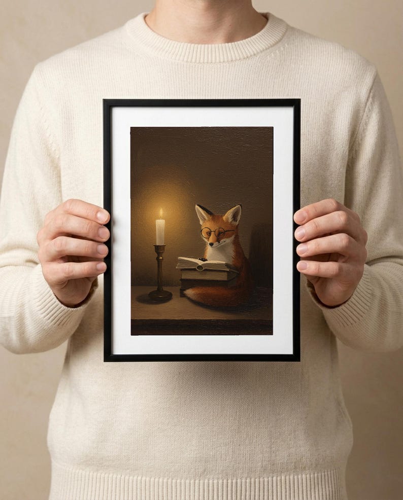 A person in a cream sweater holding a black-framed print of a fox in wire-rimmed glasses reading by candlelight