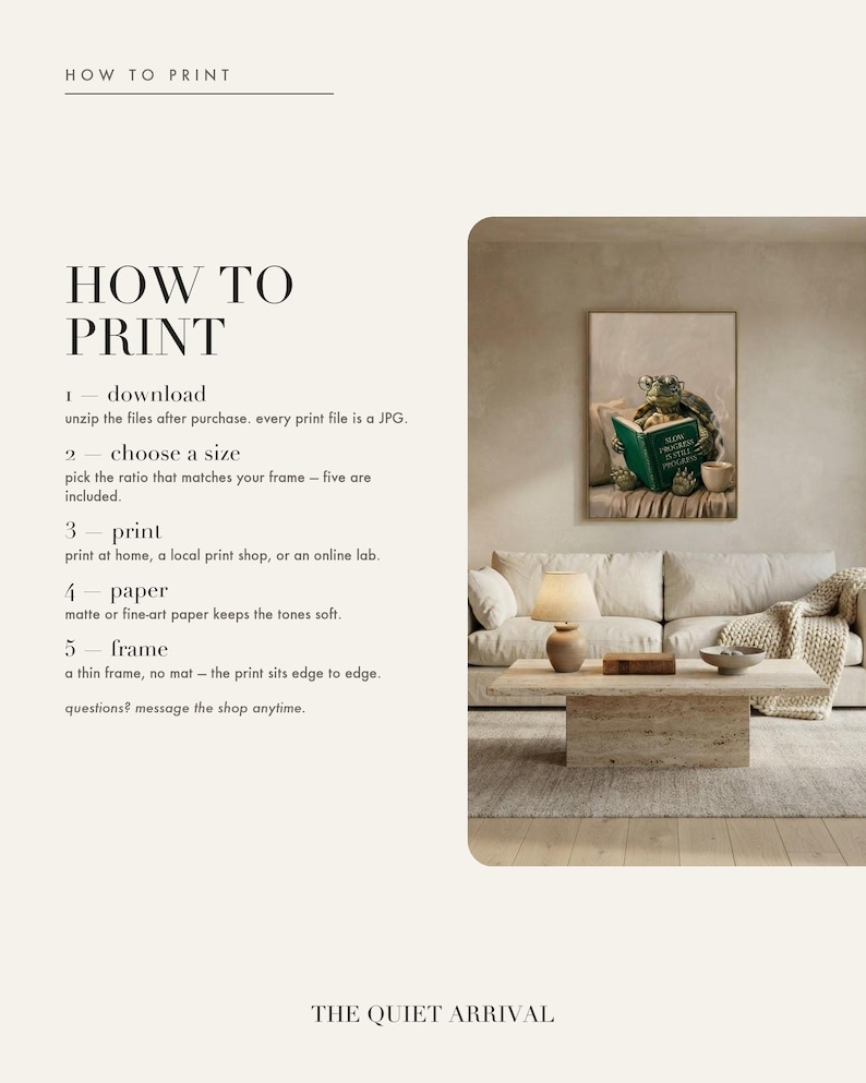 Five step guide to downloading, unzipping, choosing a size, printing and framing the tortoise reading art print