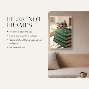 Files, not frames card: four notes - no print is posted to you, no frame or mount included, colour shifts a little between screen and paper, for personal use - beside a photo of the framed print above a pale oak bench with a bouclé cushion.