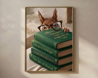 Eekhoorn die over boeken heen gluurt | Grappige muurdecoratie met boekenthema | Printbare digitale download voor een leeshoekje
