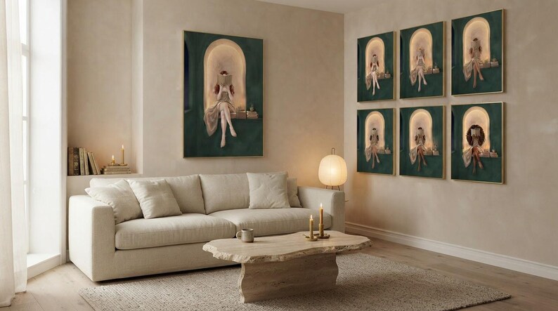 Emerald green reading nook prints in a wide plaster living room: one large print above the sofa and the full set of six framed as a grid on the adjoining wall.