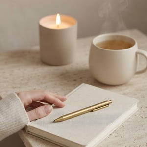 Close-up of evening journal ritual print showing hands writing beside lit candle and warm drink, soft beige minimalist detail
