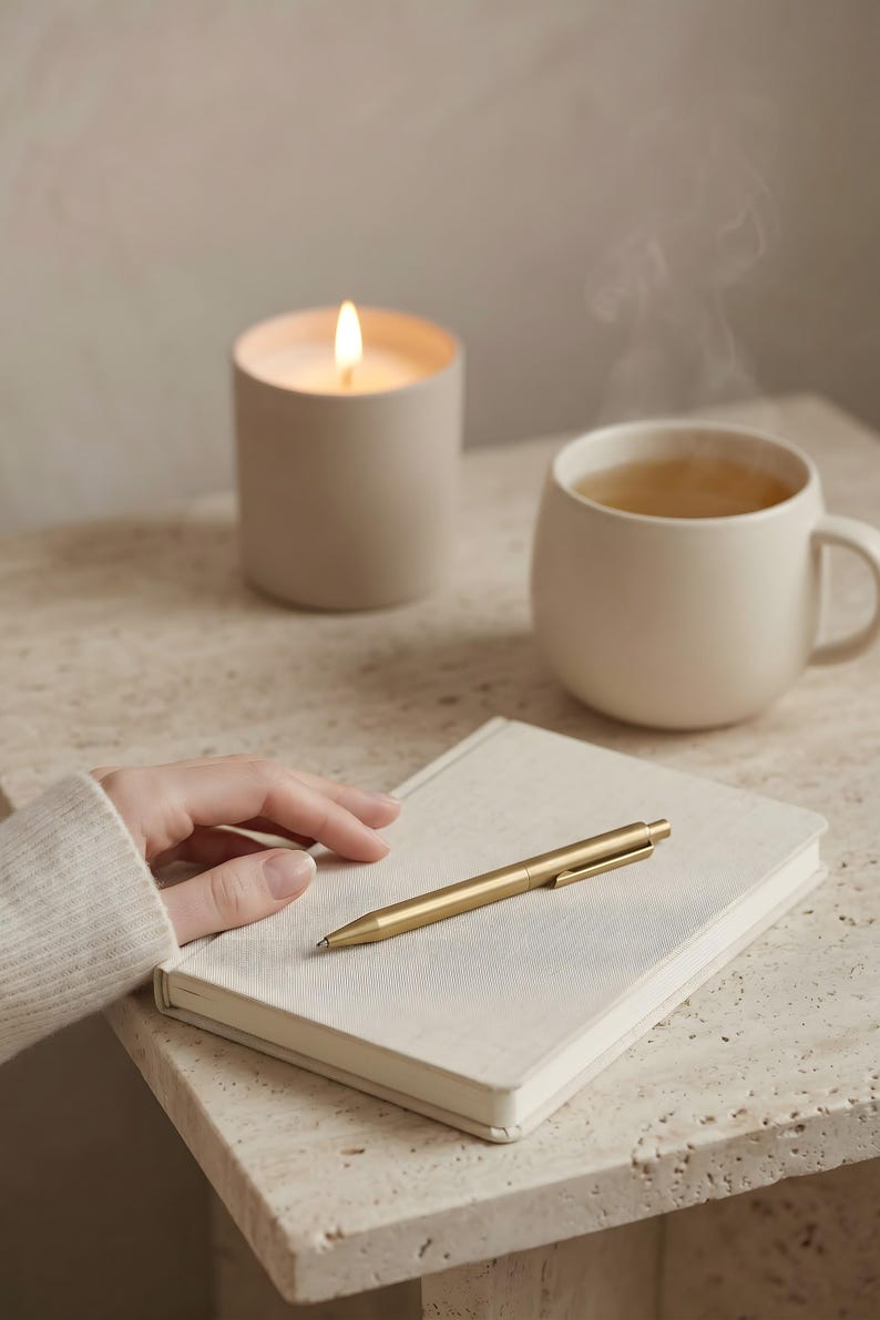 Close-up of evening journal ritual print showing hands writing beside lit candle and warm drink, soft beige minimalist detail