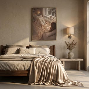 Neutral bedroom wall art mockup: framed reading nook print above a walnut bed with a satin throw, wall sconce, and dried grass in a stone vase.