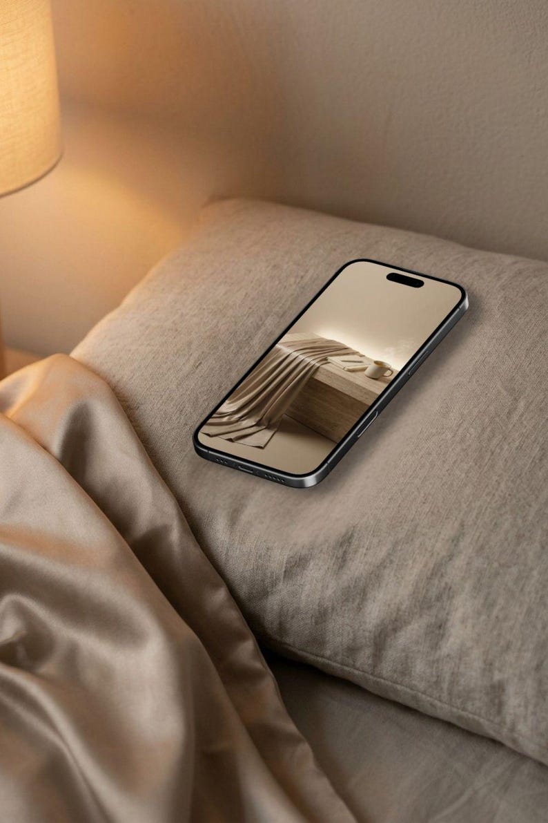 Puede incluir: Un tel&eacute;fono inteligente con marco oscuro y una pantalla que muestra una imagen en tonos beige de tela drapeada, un libro peque&ntilde;o y una taza. El dispositivo est&aacute; colocado en &aacute;ngulo sobre una almohada texturizada clara junto a una tela satinada.