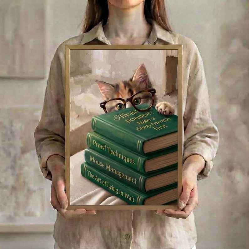 A person in a linen shirt holding the cat peeking over books art print in a slim gold frame against a soft neutral background