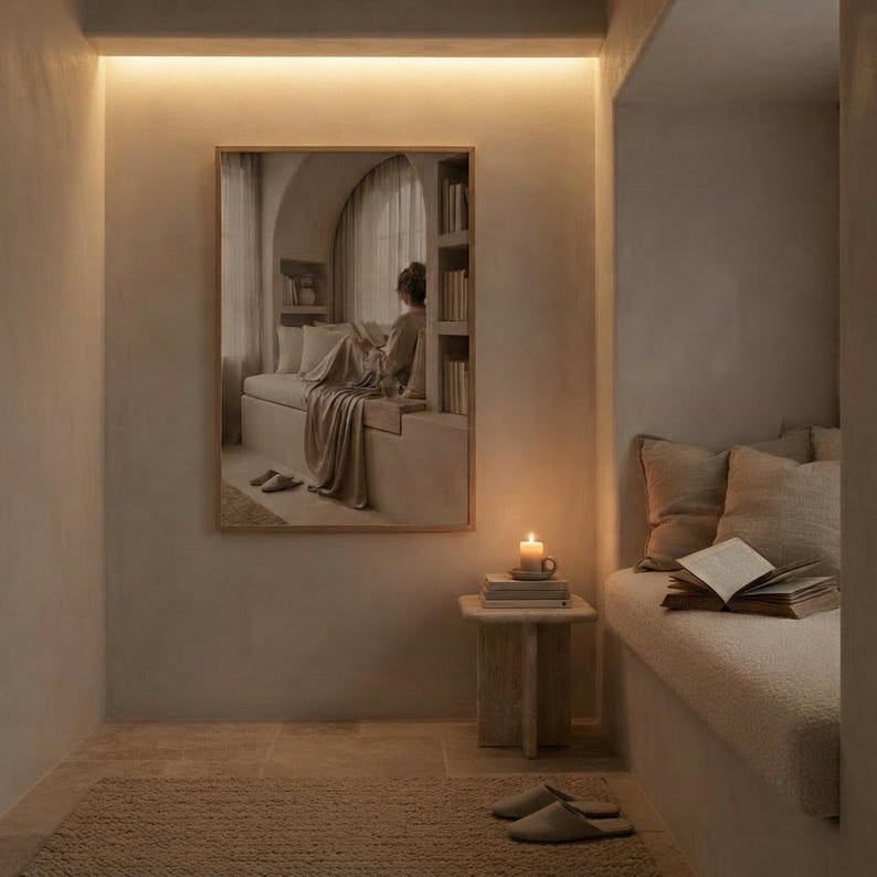 The permission to breathe print framed as the focal point of a calm neutral interior. neutral printable wall art, minimalist home decor, Japandi style, calm living room and bedroom decor, slow living digital download.