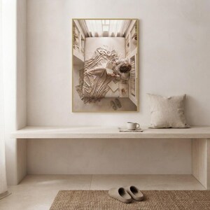 The quiet night in print framed as the focal point of a calm neutral interior. neutral printable wall art, minimalist home decor, Japandi style, calm living room and bedroom decor, slow living digital download.