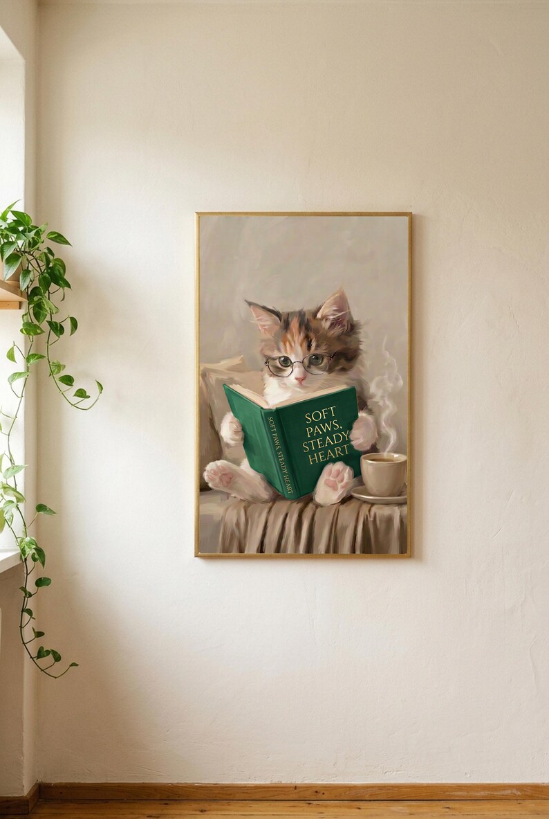 The kitten print in a thin gold frame, full bleed with no mat, on a soft plaster wall