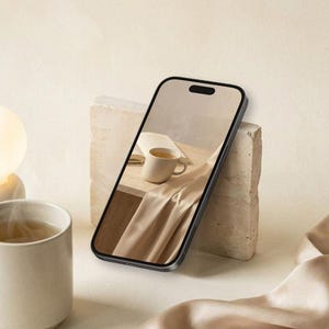 Puede incluir: Un tel&eacute;fono inteligente negro que muestra en su pantalla una taza de cer&aacute;mica beige sobre una mesa con tela drapeada. El tel&eacute;fono est&aacute; apoyado contra un bloque de piedra rectangular beige. Una taza de cer&aacute;mica beige a juego con l&iacute;quido humeante est&aacute; a la izquierda.