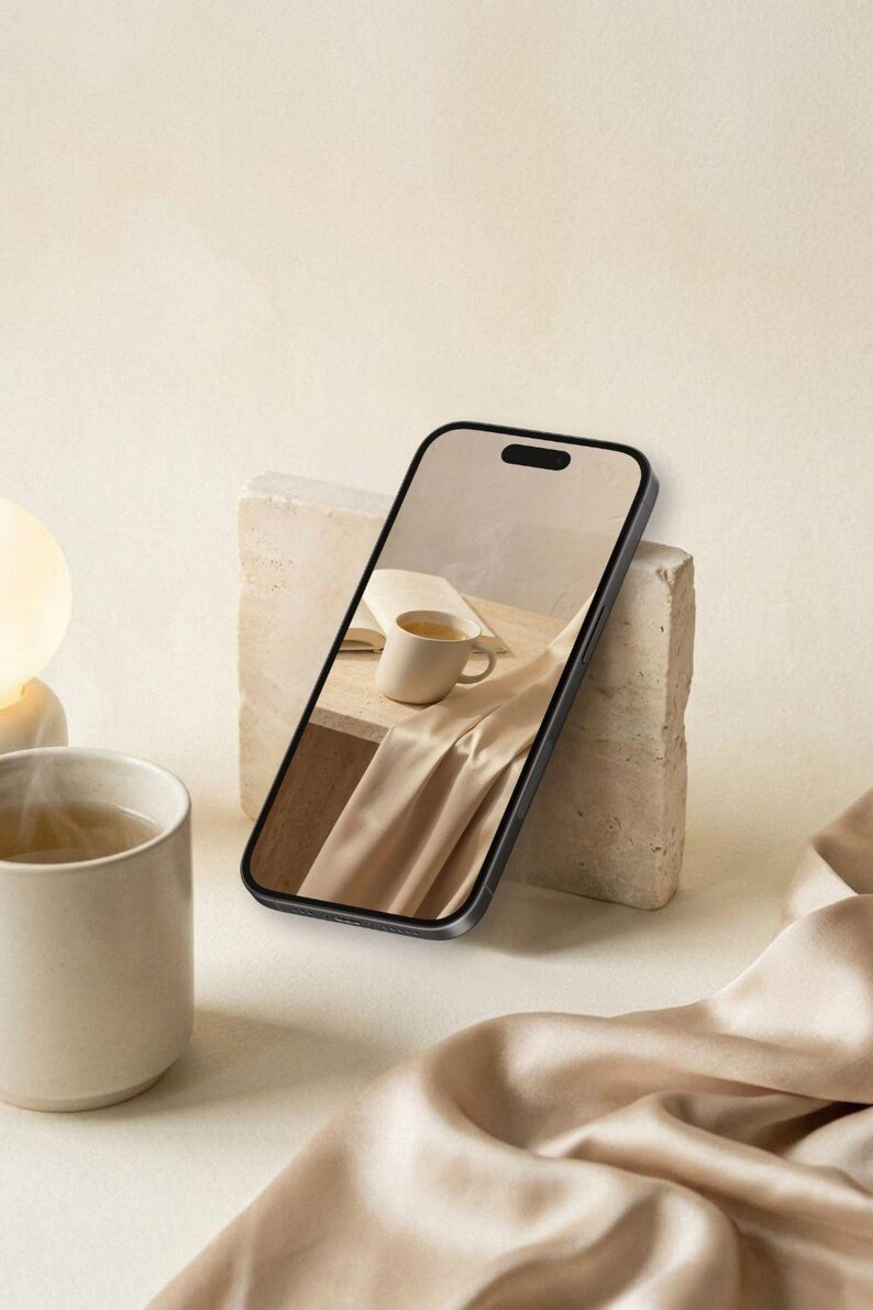 Puede incluir: Un tel&eacute;fono inteligente negro que muestra en su pantalla una taza de cer&aacute;mica beige sobre una mesa con tela drapeada. El tel&eacute;fono est&aacute; apoyado contra un bloque de piedra rectangular beige. Una taza de cer&aacute;mica beige a juego con l&iacute;quido humeante est&aacute; a la izquierda.