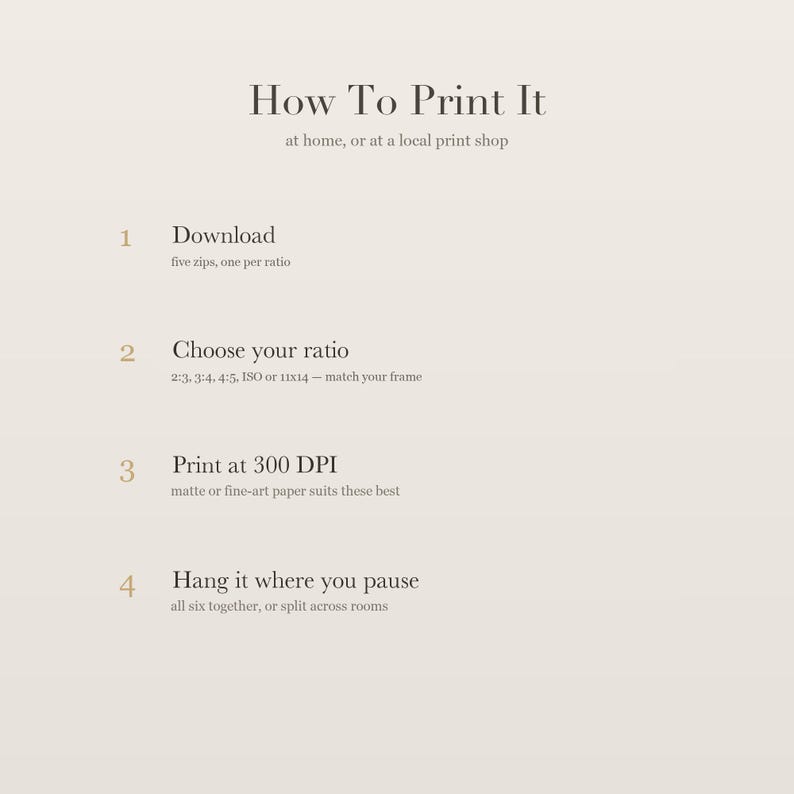 How To Print It card: download the five zips, choose your ratio, print on matte or fine-art paper, and hang the set together or split it across rooms.