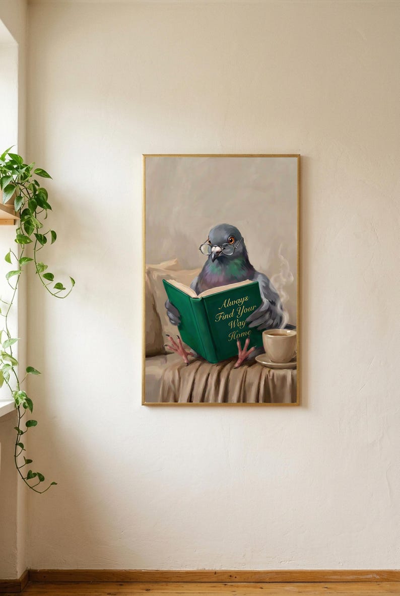 The pigeon print in a thin gold frame, full bleed with no mat, on a soft plaster wall