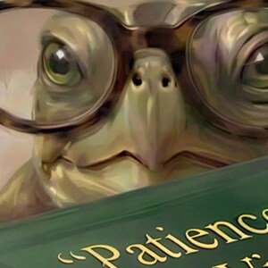 Close-up detail of the turtle peeking over books print showing the round glasses, the gold lettering on the top book Patience is a Virtue, My Shell is a Sanctuary., and the paws