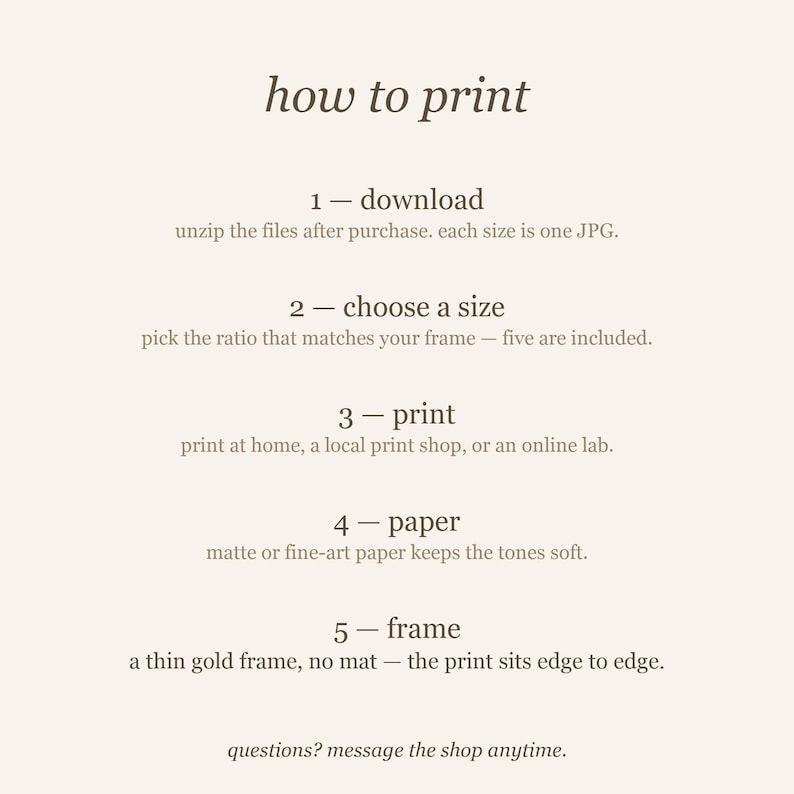 How-to-print guide explaining home printing, print shops, included file ratios, and personal-use terms.