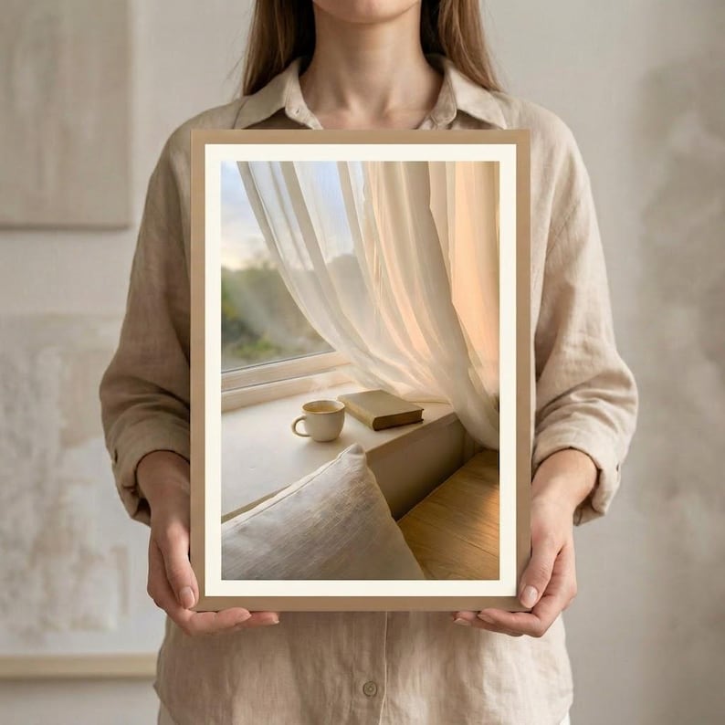 Japandi wall art print mockup with woman holding window seat picture, book and coffee on ledge with sheer curtains, slow living interior design, beige neutral home decor, digital printable art, lifestyle image showing scale and frame