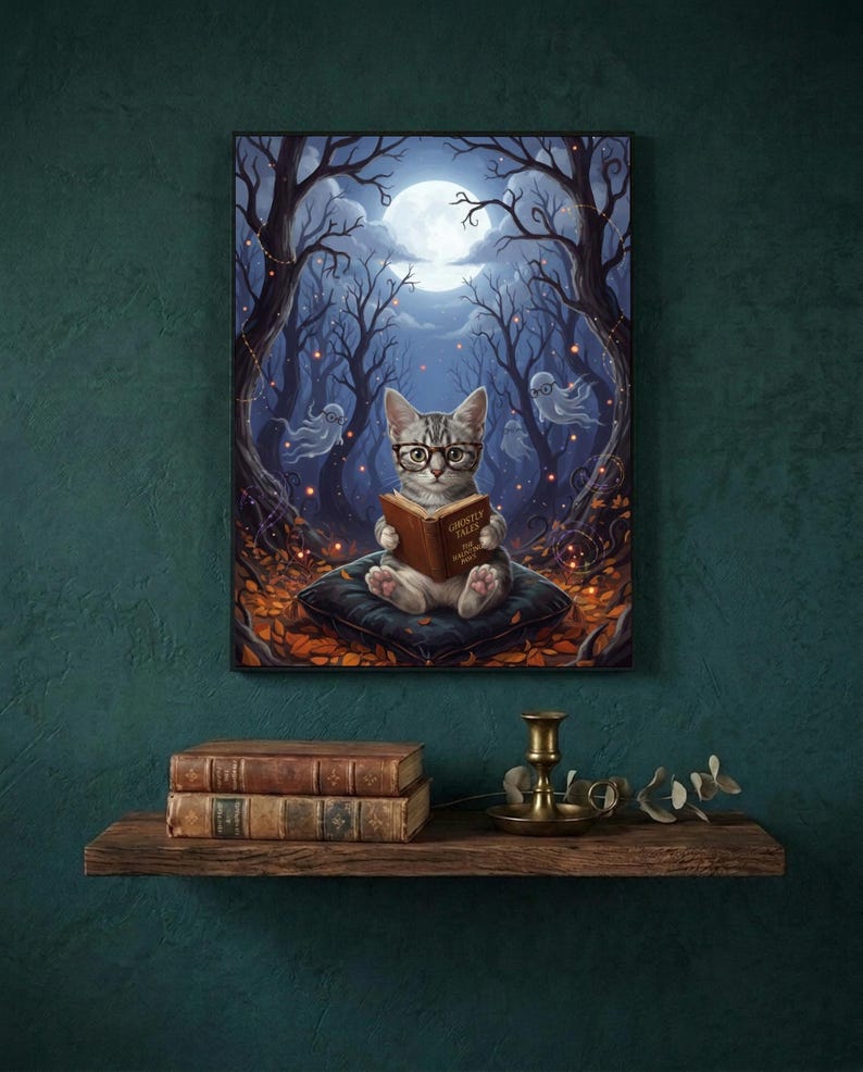 The kitten and ghosts ghost reading print framed on a deep teal wall above a narrow shelf with antique books and a brass candlestick