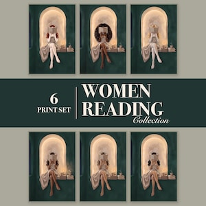 Grid of 6 prints of women reading with a band reading 6 Print Set, Women Reading Collection