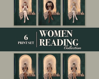 Dark Academia Wall Art Set of 6 | Women Reading Collection | Emerald Printable Downloads
