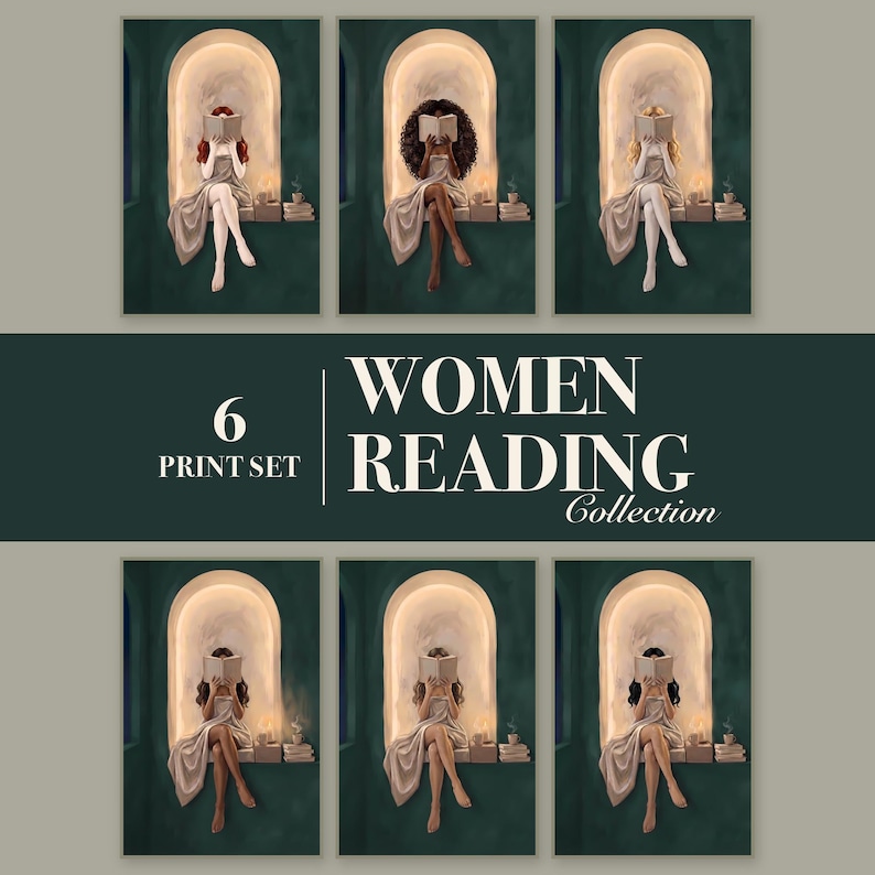 Grid of 6 prints of women reading with a band reading 6 Print Set, Women Reading Collection