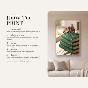 How to print card: five numbered steps - download, choose a size, print, paper, frame - beside a photo of the framed cat peeking over books print above a cream linen sofa.