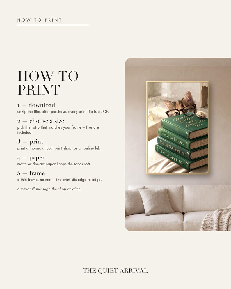 How to print card: five numbered steps - download, choose a size, print, paper, frame - beside a photo of the framed cat peeking over books print above a cream linen sofa.