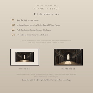 Setup guide for Samsung Frame TV showing how to turn off Matte in Art Mode, comparing display with Matte on art shrunk and Matte none so the art fills the screen