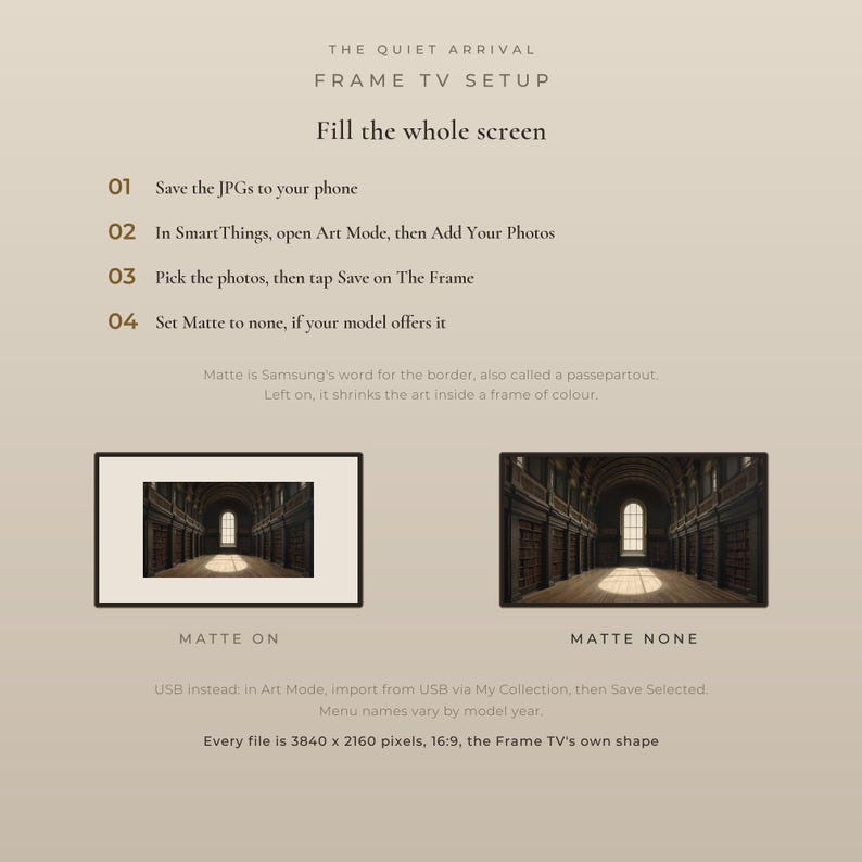 Setup guide for Samsung Frame TV showing how to turn off Matte in Art Mode, comparing display with Matte on art shrunk and Matte none so the art fills the screen