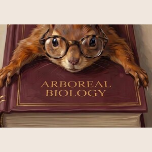 Close-up detail of the Arboreal Biology squirrel print showing the round glasses, the gold lettering and rules on the wine book cover, and the clawed front paws