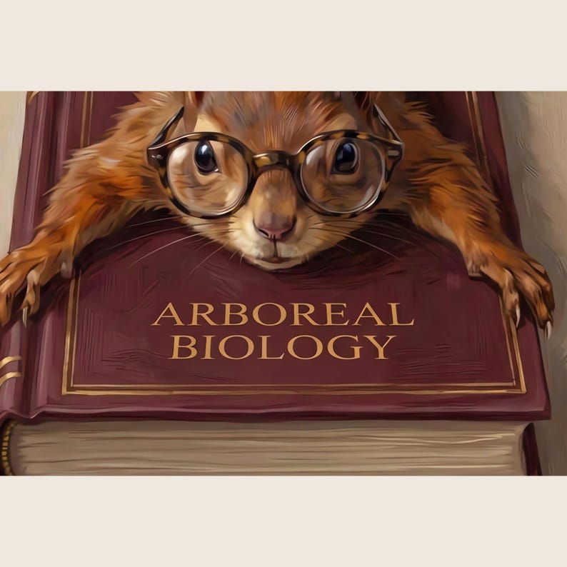 Close-up detail of the Arboreal Biology squirrel print showing the round glasses, the gold lettering and rules on the wine book cover, and the clawed front paws