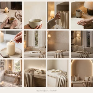 Collage of the 24 included wallpapers in warm beige, cream, and soft gray tones.