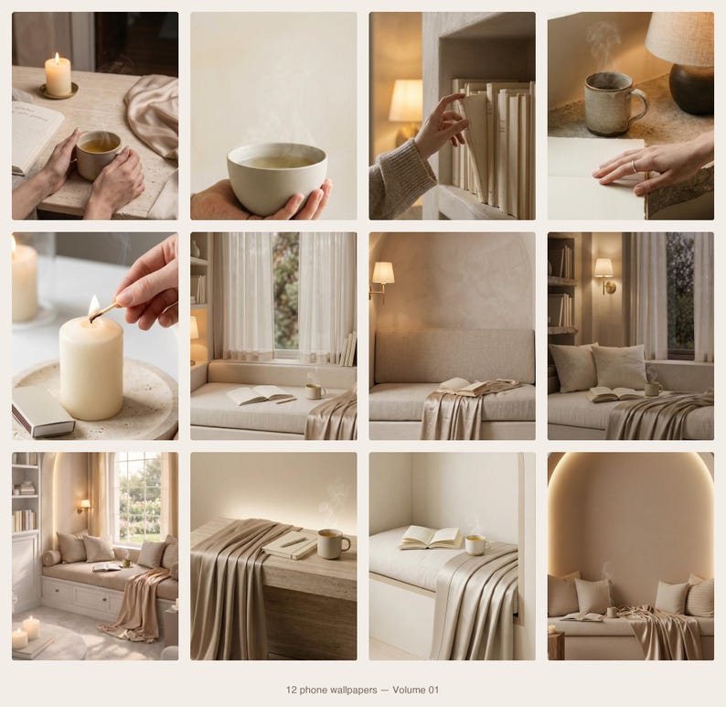 Collage of the 24 included wallpapers in warm beige, cream, and soft gray tones.