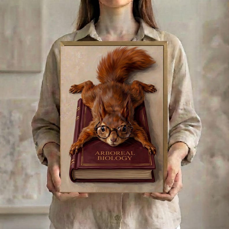 A person in a linen shirt holding the Arboreal Biology squirrel art print in a slim gold frame against a soft neutral background