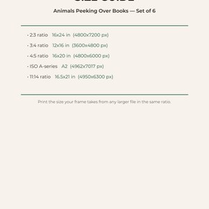 Print size guide for Animals Peeking Over Books set of 6