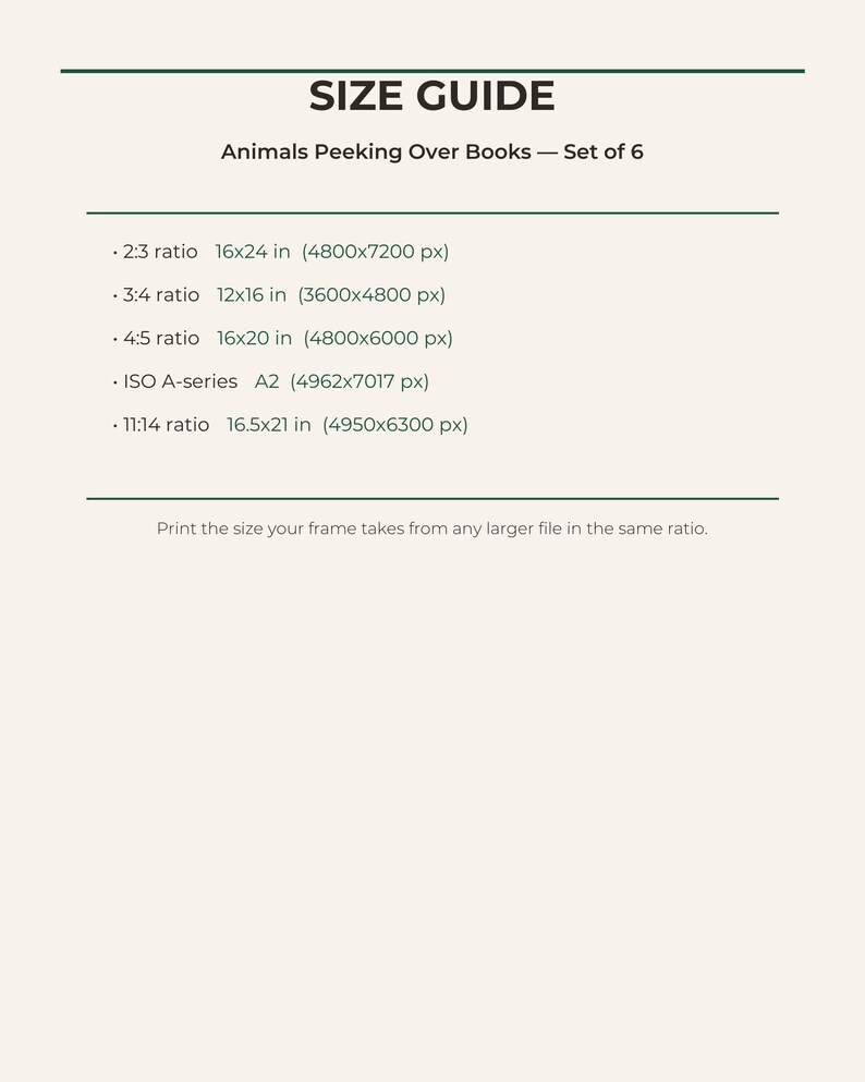 Print size guide for Animals Peeking Over Books set of 6