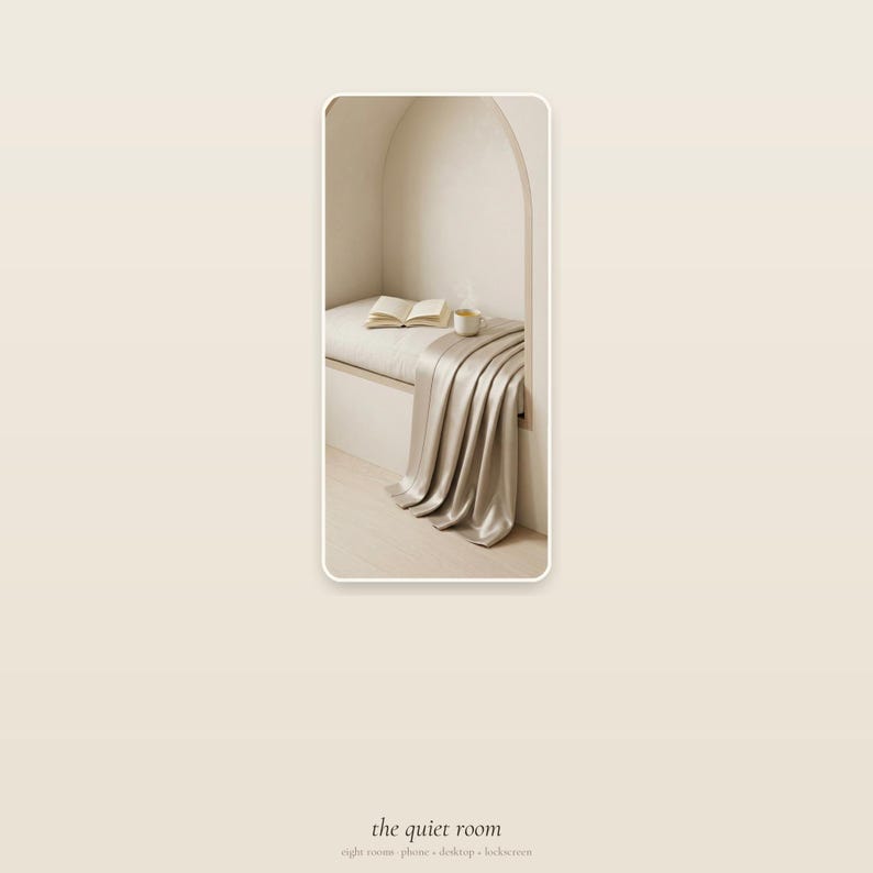 Phone screen mockup displaying a calm beige wallpaper with abstract organic shapes.