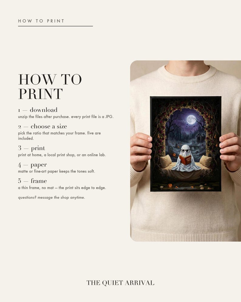 How to print card: download and unzip, choose the ratio that fits your frame, print at home or at a print shop, and framing and paper tips.