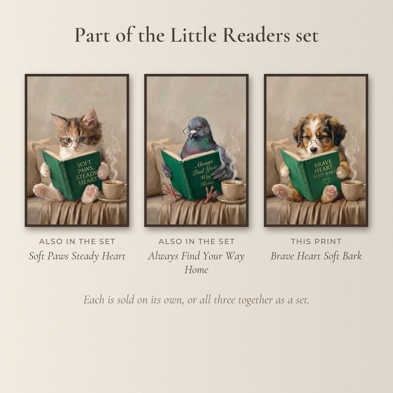This print shown beside the other two prints of the Little Readers set, each labelled this print or also in the set