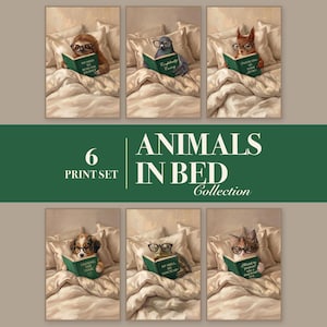 Animals Reading in Bed Set of 6, Book Lover Gift, Cozy Bedroom Art (Download)