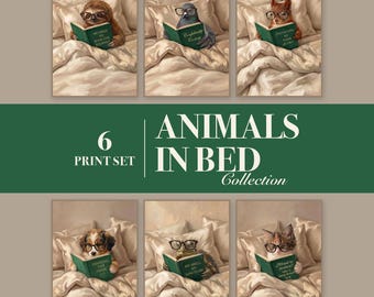 Animals Reading in Bed Set of 6, Book Lover Gift, Cozy Bedroom Art (Download)