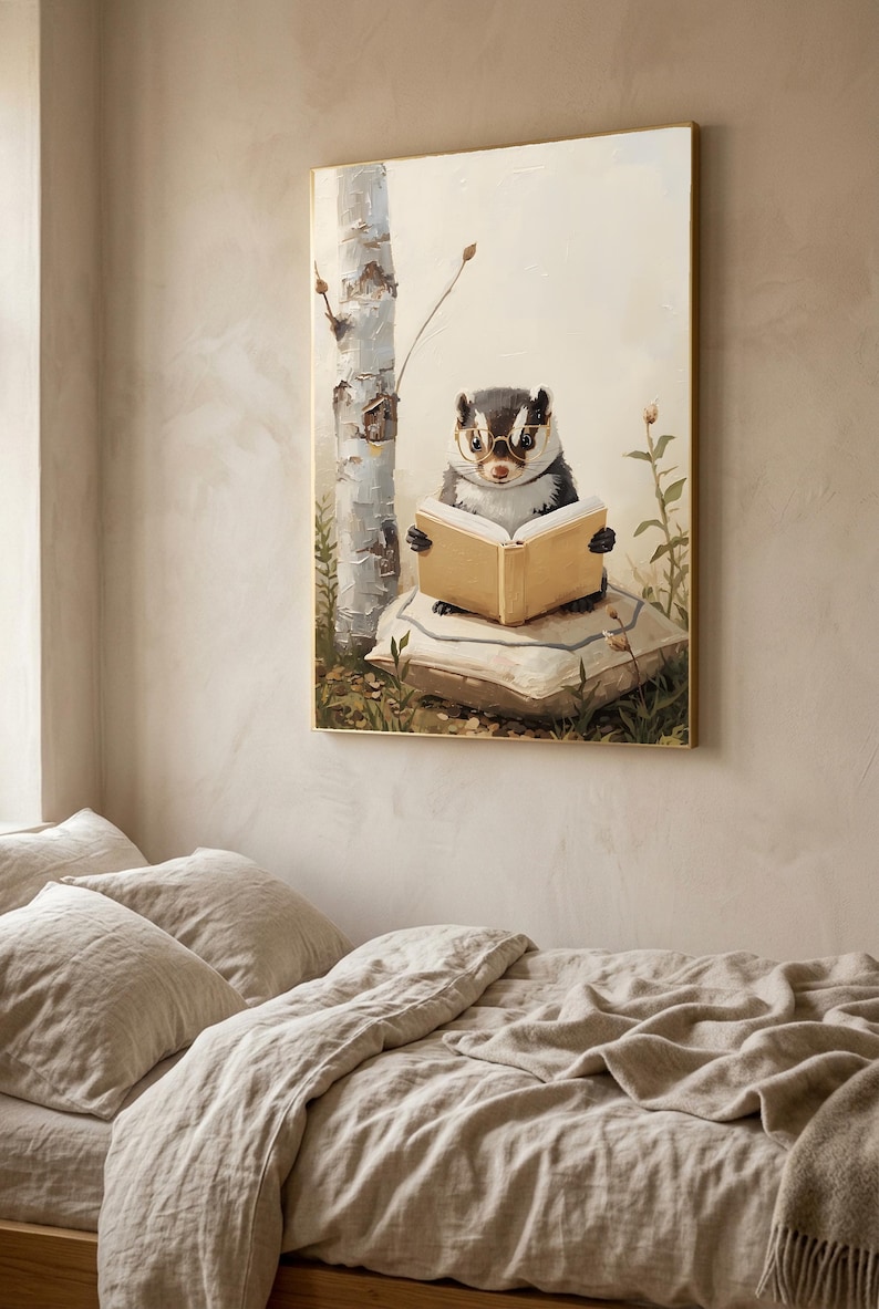 Framed woodland nursery print of a skunk in round glasses reading a book, hanging in a pale gold frame above a linen-covered bed in a warm neutral bedroom