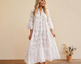 Sommarklänning med hålmönster för kvinnor – Boho-klänning med lös passform, broderad, V-ringad, böljande vintage-stil, 3/4-ärm, strandklänning XXS–3XL