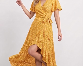 Damsommarklänning med omlott, elegant böljande midiklänning, v-ringad klänning med volanger, avslappnad och elegant strandsemesteroutfit