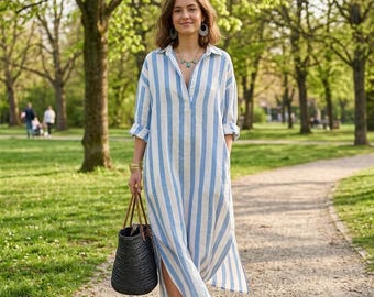 Boho Randig Maxiklänning Dam Lös Linne Look Strandklänning Semesterklänning Avslappnad Lång Skjortaklänning med Fickor
